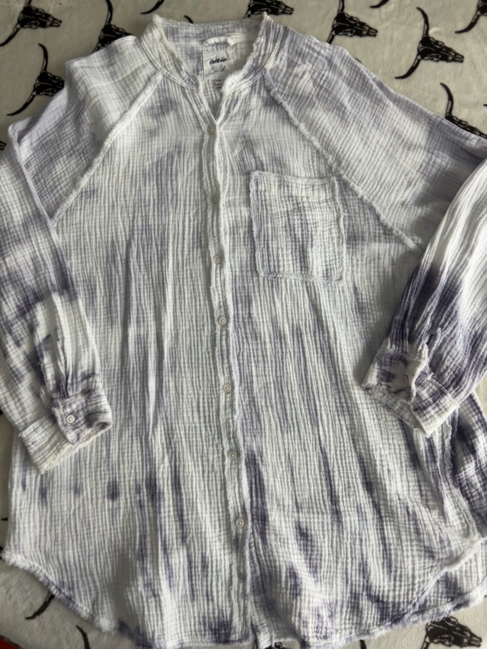 Aerie White & Gray Tie Dye Cotton Gauze Button Down Shirt Size Medium